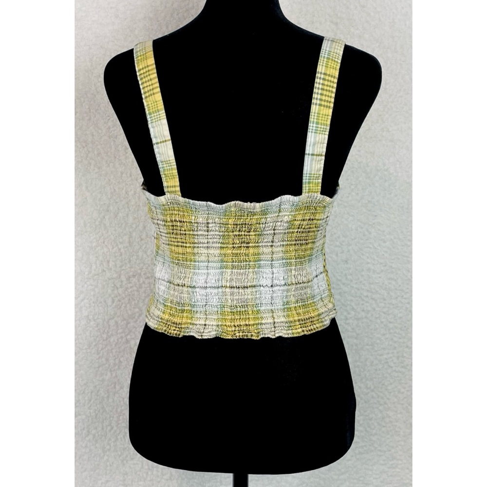 TWINE & STRING • Yellow/Green/White/Brown Plaid Bustier Smocked Crop Top, L - Picture 7 of 16
